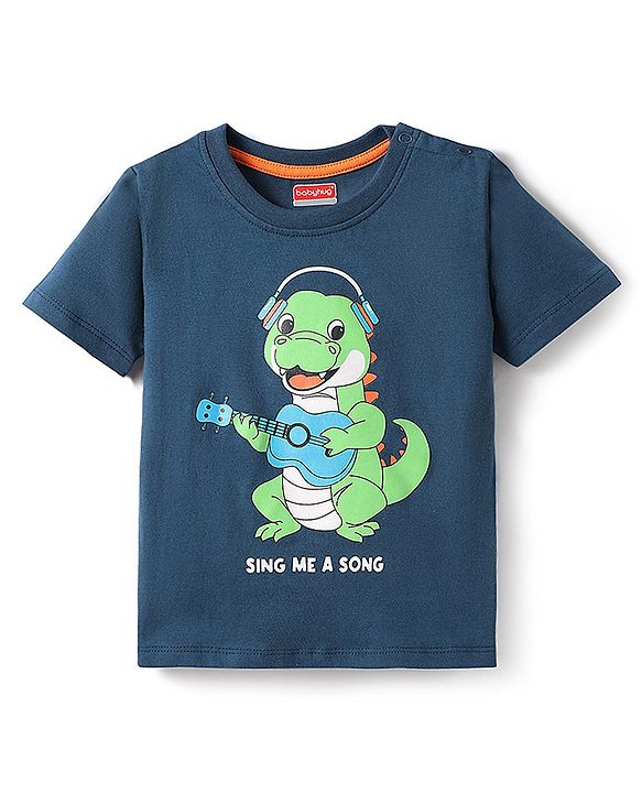 Babyhug Cotton Knit Half Sleeves T-Shirt with Dino Print - Navy Blue