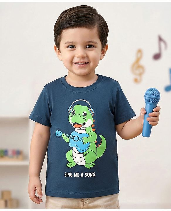 Babyhug Cotton Knit Half Sleeves T-Shirt with Dino Print - Navy Blue