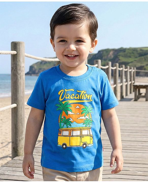 Babyhug Cotton Knit Half Sleeves T-Shirt with Beach Theme Print - Blue