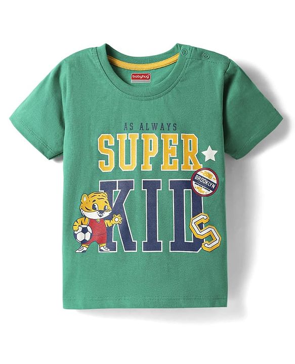 Babyhug Cotton Knit Half Sleeves T-Shirt With Super Kid Text Print - Green