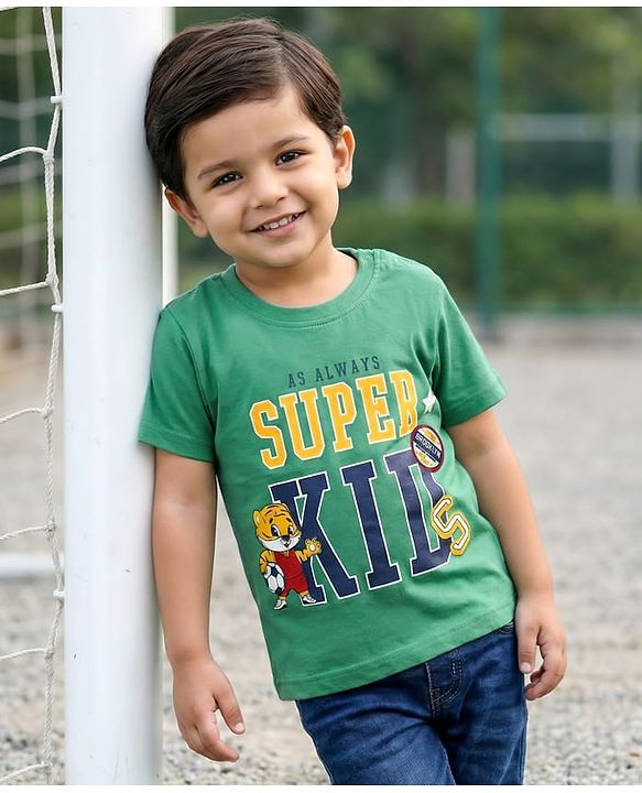 Babyhug Cotton Knit Half Sleeves T-Shirt With Super Kid Text Print - Green