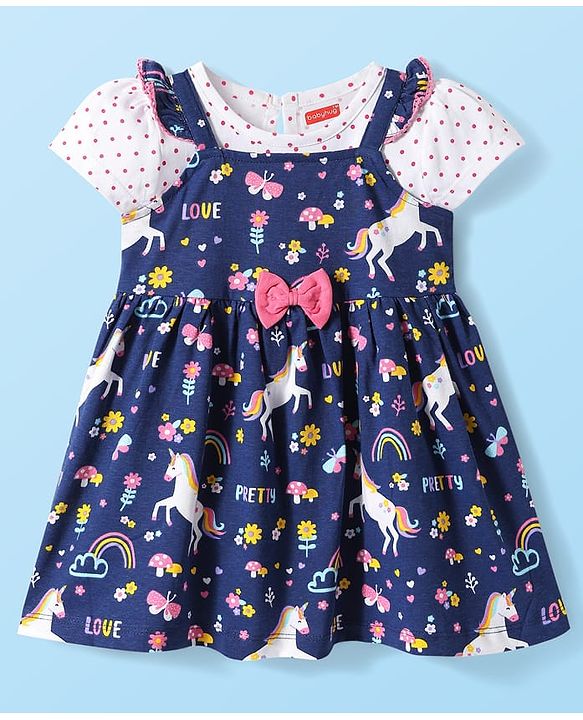 Babyhug Cotton  Woven Half Sleeves Inner T-Shirt & Frock with Unicorn Print & Bow Applique - Blue & White
