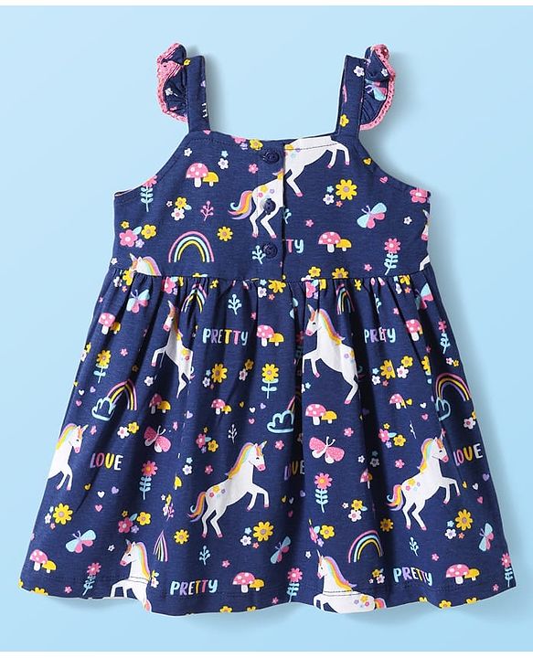 Babyhug Cotton  Woven Half Sleeves Inner T-Shirt & Frock with Unicorn Print & Bow Applique - Blue & White