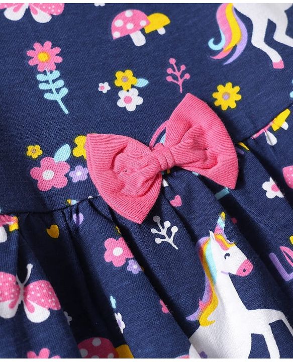 Babyhug Cotton  Woven Half Sleeves Inner T-Shirt & Frock with Unicorn Print & Bow Applique - Blue & White
