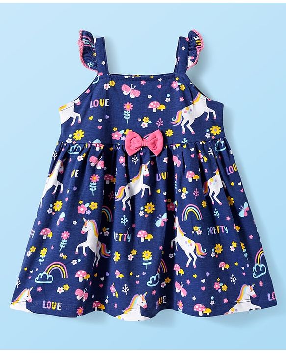 Babyhug Cotton  Woven Half Sleeves Inner T-Shirt & Frock with Unicorn Print & Bow Applique - Blue & White