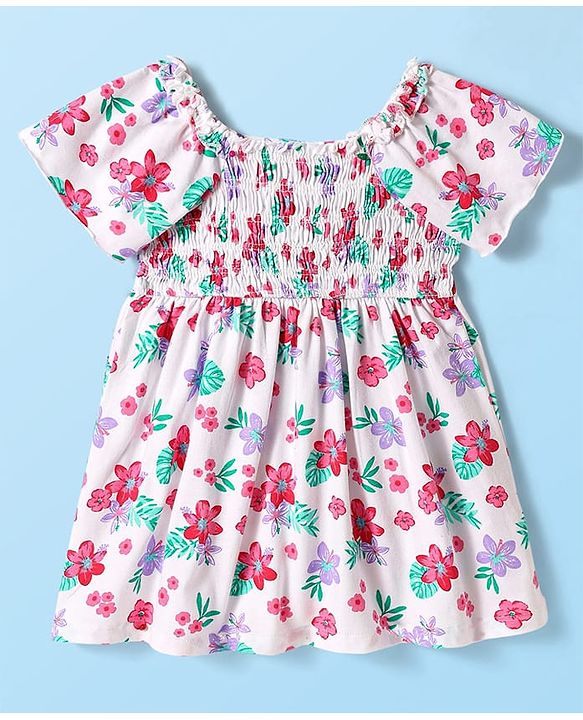 Babyhug Single Jersey Knit Half Sleeves Frock With Floral Print & Smock Detailing - White