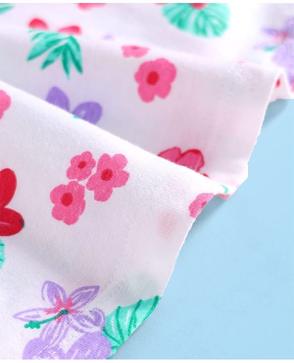 Babyhug Single Jersey Knit Half Sleeves Frock With Floral Print & Smock Detailing - White
