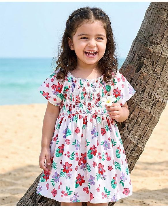 Babyhug Single Jersey Knit Half Sleeves Frock With Floral Print & Smock Detailing - White