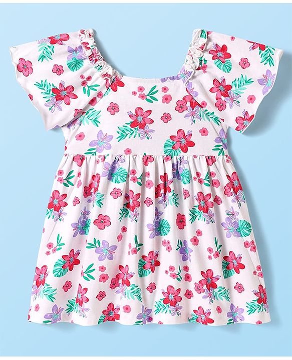 Babyhug Single Jersey Knit Half Sleeves Frock With Floral Print & Smock Detailing - White