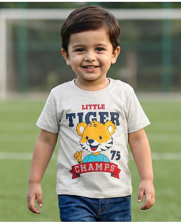 Babyhug Cotton Knit Half Sleeves T-Shirt with Tiger Print - White