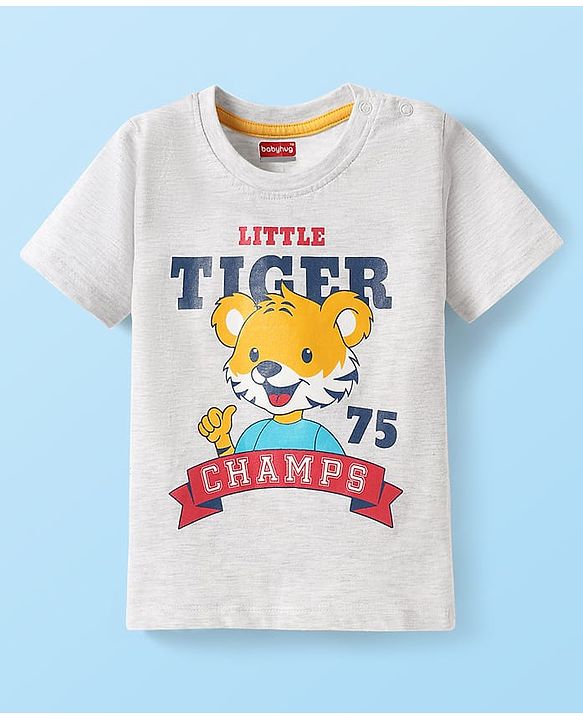 Babyhug Cotton Knit Half Sleeves T-Shirt with Tiger Print - White