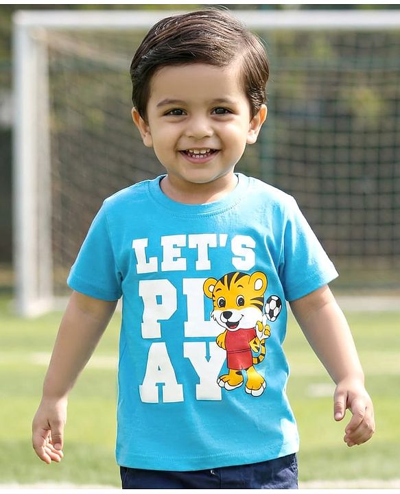 Babyhug Cotton Knit Half Sleeves T-Shirt With Animal & Play Like Text Print -  Light Blue