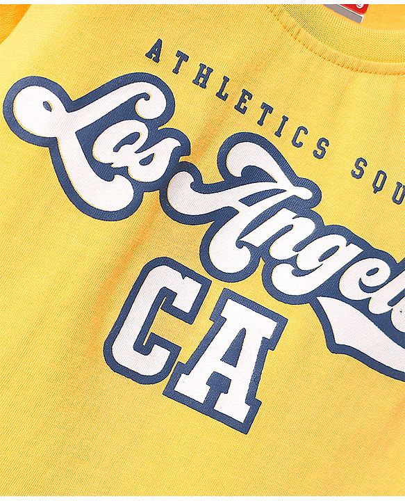 Babyhug Cotton Knit Half Sleeves T-Shirt with Los Angeles Text Print - Yellow