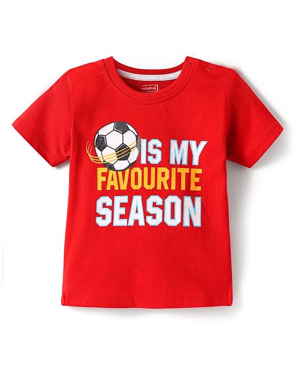 Babyhug Cotton Knit Half Sleeves T-Shirt With Its My Favourite Season Text Print - Red