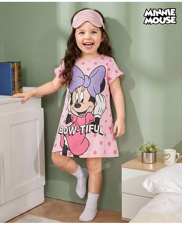 Babyhug Disney Single Jersey Knit Half Sleeves Nighty with Minnie Mouse Graphics - Pink