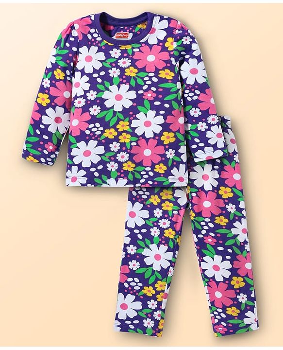 Babyhug Cotton Knit Full Sleeves Co-ords Night Suit with Floral Print - Purple