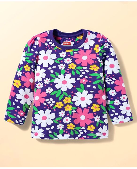 Babyhug Cotton Knit Full Sleeves Co-ords Night Suit with Floral Print - Purple