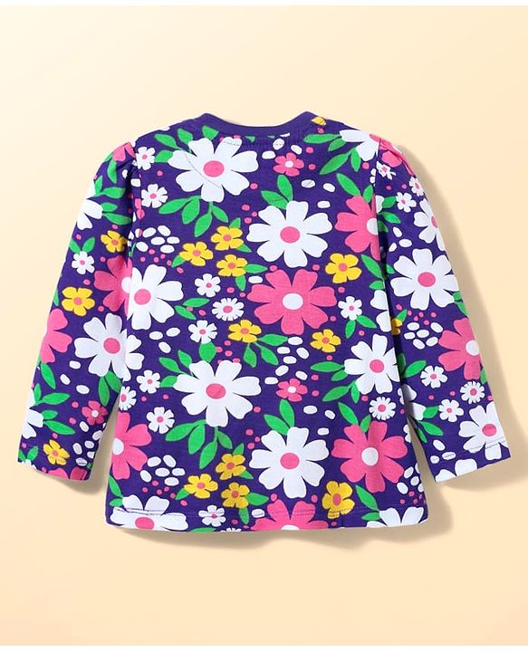 Babyhug Cotton Knit Full Sleeves Co-ords Night Suit with Floral Print - Purple