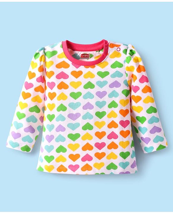 Babyhug Cotton Knit Full Sleeves Co-Ord Nightsuit with Heart Print - White