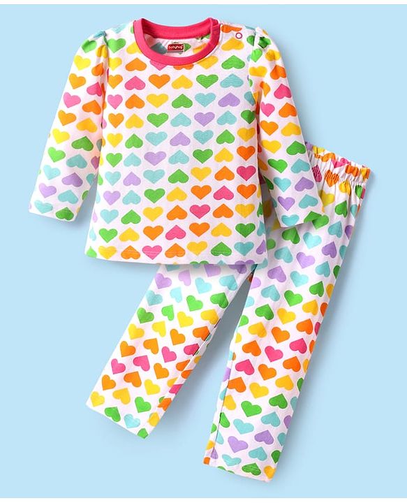 Babyhug Cotton Knit Full Sleeves Co-Ord Nightsuit with Heart Print - White