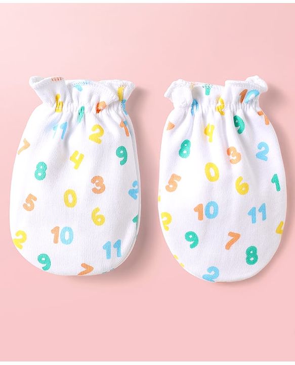 Babyhug 100% Cotton Cap Mittens & Booties With Numbers Print Light Blue - Diameter 10.5 cm