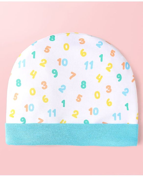 Babyhug 100% Cotton Cap Mittens & Booties With Numbers Print Light Blue - Diameter 10.5 cm
