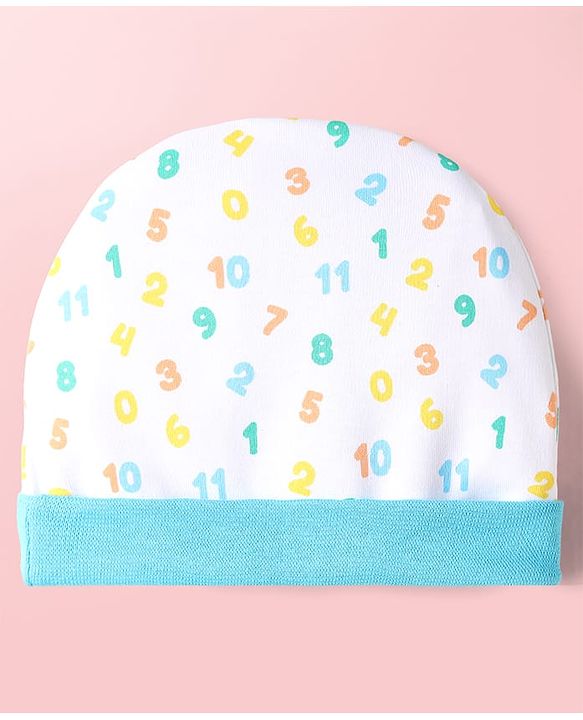 Babyhug 100% Cotton Cap Mittens & Booties With Numbers Print Light Blue - Diameter 10.5 cm