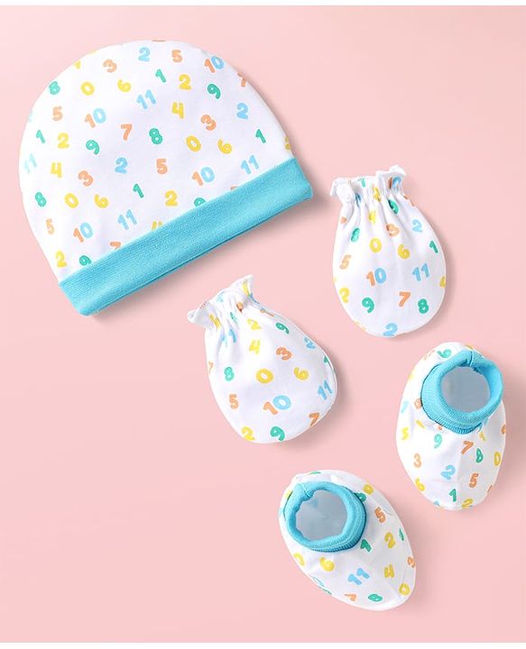 Babyhug 100% Cotton Cap Mittens & Booties With Numbers Print Light Blue - Diameter 10.5 cm
