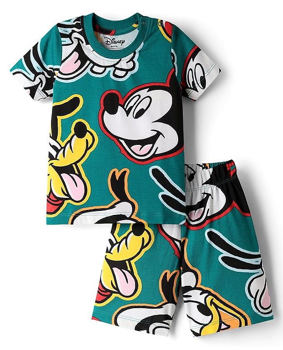 Babyhug Disney Single Jersey Knit Half Sleeves Co-ords Shorts Night Suit with Mickey & Friends Graphics - Green