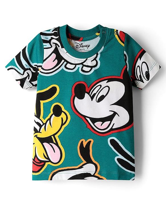 Babyhug Disney Single Jersey Knit Half Sleeves Co-ords Shorts Night Suit with Mickey & Friends Graphics - Green
