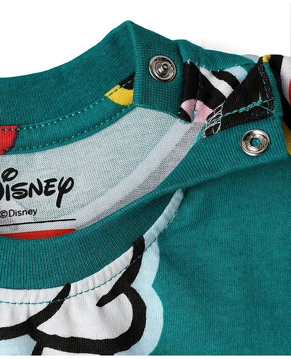 Babyhug Disney Single Jersey Knit Half Sleeves Co-ords Shorts Night Suit with Mickey & Friends Graphics - Green