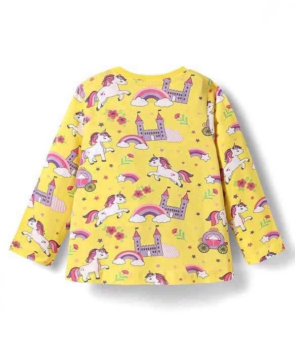 Babyhug Cotton Knit Full Sleeves Co-ords Night Suit with Unicorn & Rainbow Print - Yellow