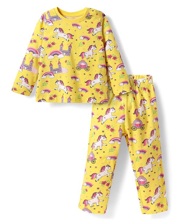 Babyhug Cotton Knit Full Sleeves Co-ords Night Suit with Unicorn & Rainbow Print - Yellow