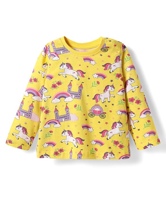 Babyhug Cotton Knit Full Sleeves Co-ords Night Suit with Unicorn & Rainbow Print - Yellow