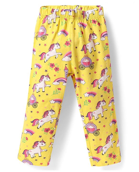 Babyhug Cotton Knit Full Sleeves Co-ords Night Suit with Unicorn & Rainbow Print - Yellow