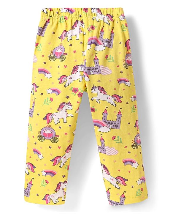 Babyhug Cotton Knit Full Sleeves Co-ords Night Suit with Unicorn & Rainbow Print - Yellow