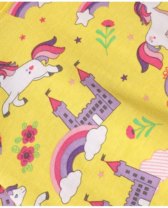 Babyhug Cotton Knit Full Sleeves Co-ords Night Suit with Unicorn & Rainbow Print - Yellow
