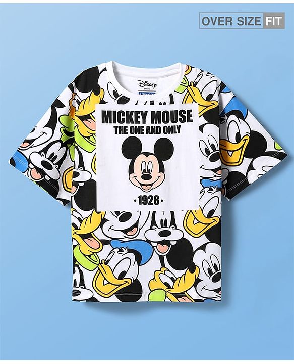 Pinekids Disney Single Jersey Knit Half Sleeves Oversize Drop Shoulder T-Shirt With Mickey Mouse Family Print - White