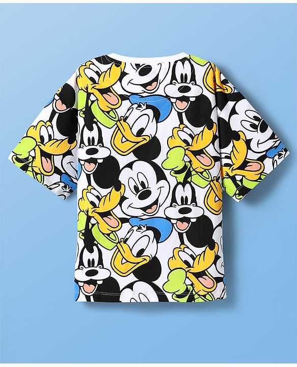 Pinekids Disney Single Jersey Knit Half Sleeves Oversize Drop Shoulder T-Shirt With Mickey Mouse Family Print - White