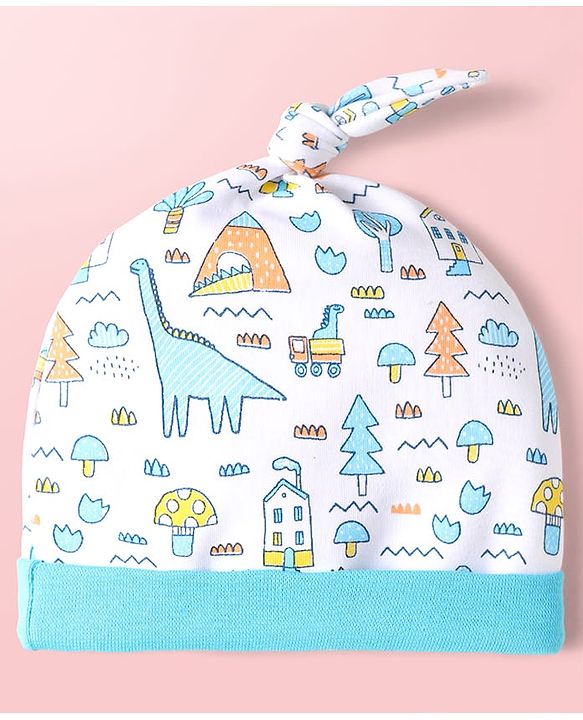Babyhug 100% Cotton Cap Mittens & Booties With Tropical Theme Print Light Blue - Diameter 10.5 cm