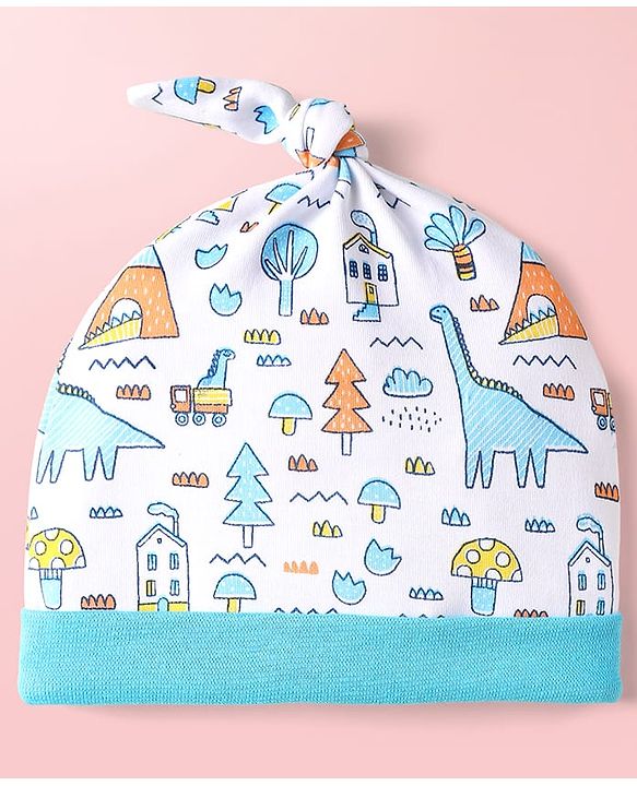 Babyhug 100% Cotton Cap Mittens & Booties With Tropical Theme Print Light Blue - Diameter 10.5 cm