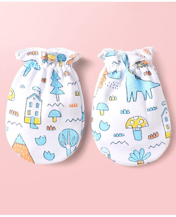 Babyhug 100% Cotton Cap Mittens & Booties With Tropical Theme Print Light Blue - Diameter 10.5 cm