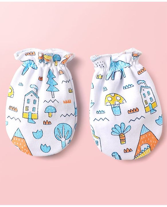 Babyhug 100% Cotton Cap Mittens & Booties With Tropical Theme Print Light Blue - Diameter 10.5 cm