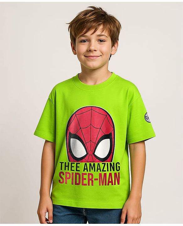 Pine Kids Marvel Single Jersey Knit  Oversized Drop Shoulder Half Sleeve T-Shirt With Badge Detaling And Spider-Man Graphics - Neon Green