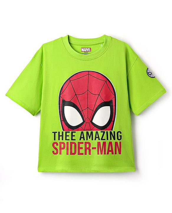 Pine Kids Marvel Single Jersey Knit  Oversized Drop Shoulder Half Sleeve T-Shirt With Badge Detaling And Spider-Man Graphics - Neon Green