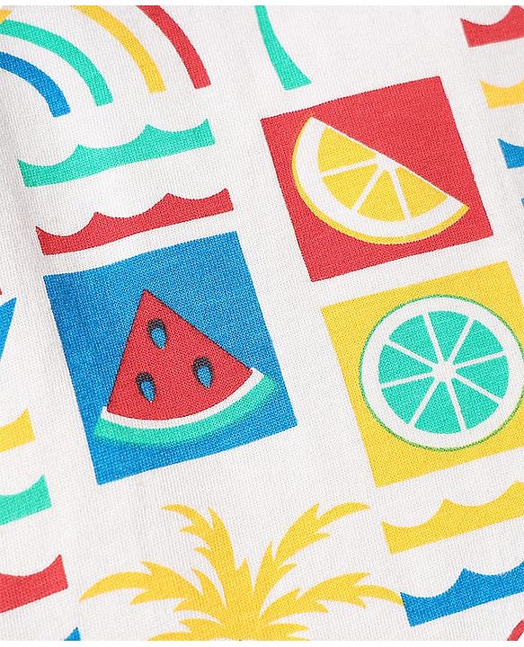 Babyhug Cotton Knit Half Sleeves Shorts Night Suit With Fruit & Boat Print - White