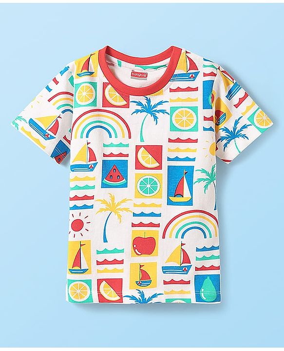 Babyhug Cotton Knit Half Sleeves Shorts Night Suit With Fruit & Boat Print - White