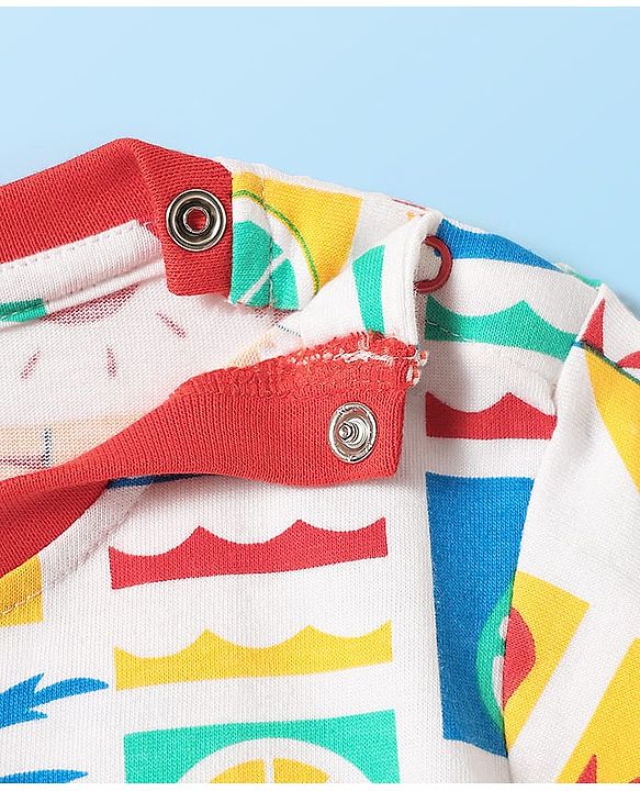 Babyhug Cotton Knit Half Sleeves Shorts Night Suit With Fruit & Boat Print - White