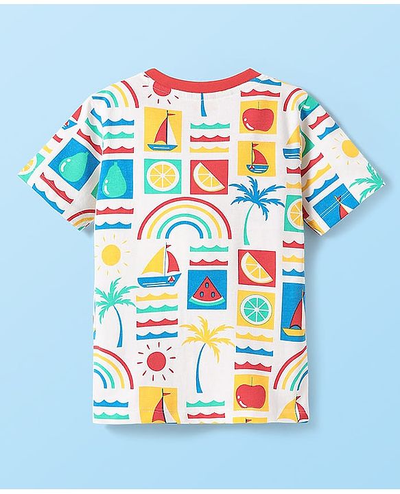 Babyhug Cotton Knit Half Sleeves Shorts Night Suit With Fruit & Boat Print - White