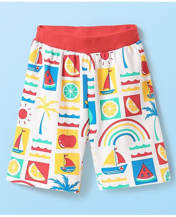 Babyhug Cotton Knit Half Sleeves Shorts Night Suit With Fruit & Boat Print - White